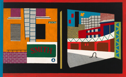 Bright stylized storefront and surrounding buildings with the name SMITH on a green sign.
