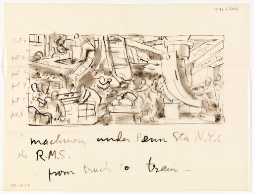 Workers load machinery from trucks onto trains under Penn Station in a loose ink sketch.