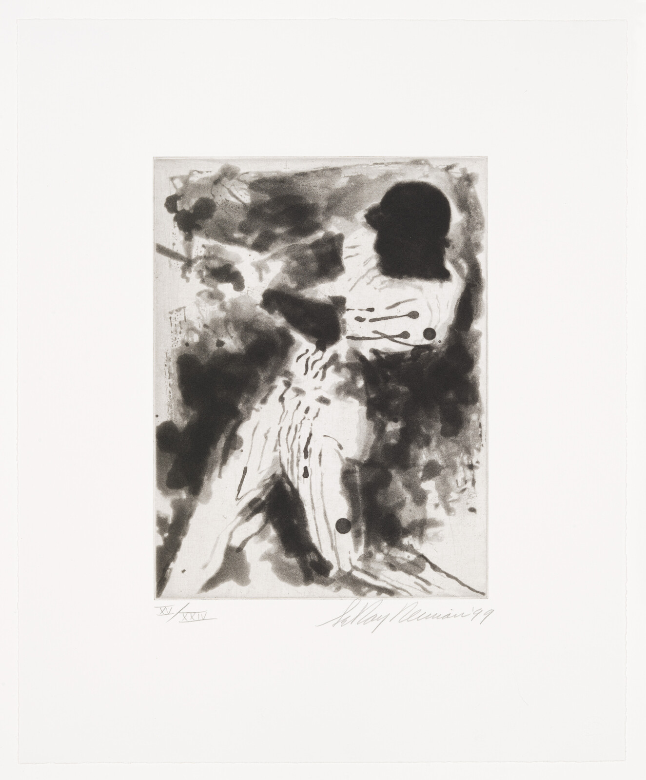 A monochromatic abstract print featuring fluid, ambiguous shapes and forms in black ink on a white background. The composition is centered on the paper with a signature and edition number at the bottom. The artwork conveys a sense of movement and has a gestural quality.