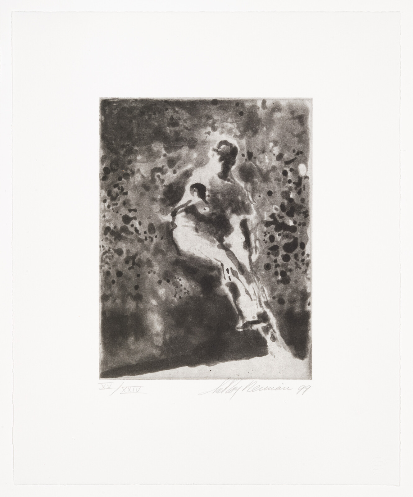 A monochromatic abstract artwork featuring a figure that appears to be emerging from or blending into a textured, speckled background. The image is centered on a white paper with artist's signature and edition number at the bottom.