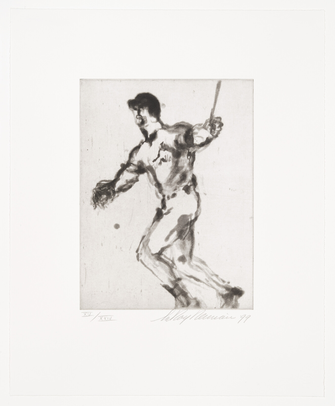 A monochromatic artwork depicting a dynamic figure of a baseball player in mid-swing, with the bat raised over his shoulder. The image is characterized by expressive, sketch-like lines that capture the motion and energy of the athlete. The artwork is signed and numbered in the bottom margin.