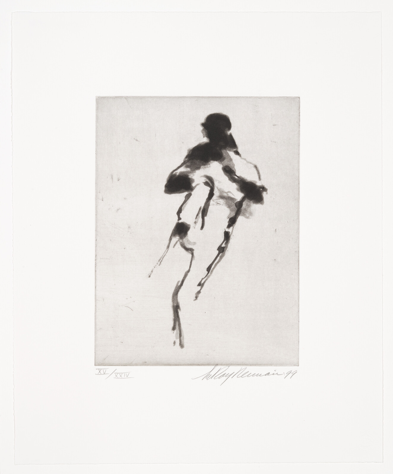 A monochromatic artwork depicting an abstract figure that appears to be in motion, with fluid, sweeping brushstrokes creating a sense of dynamism. The figure is centered on a white background with Roman numerals in the bottom left corner and a signature at the bottom right.