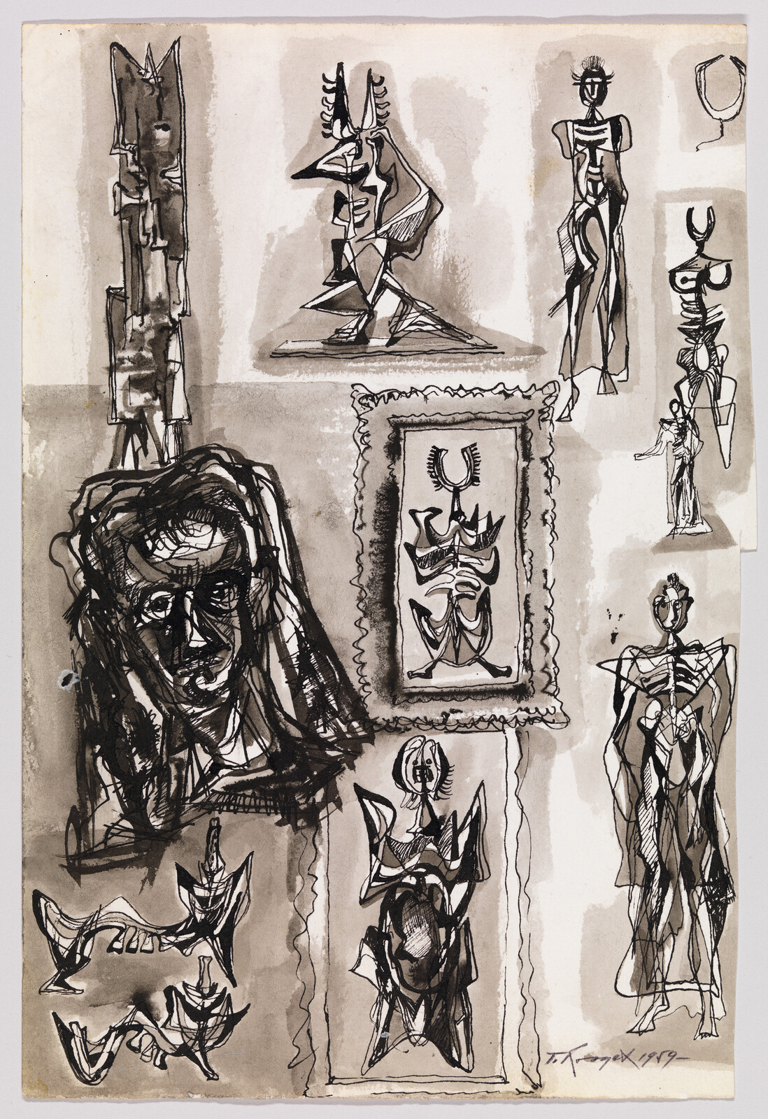 Multiple abstract ink sketches of humanoid figures and mask-like faces arranged across the page.