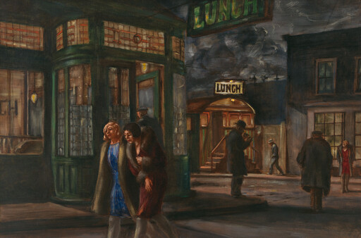 Two women in coats walk arm-in-arm past a green corner diner with a lunch sign.