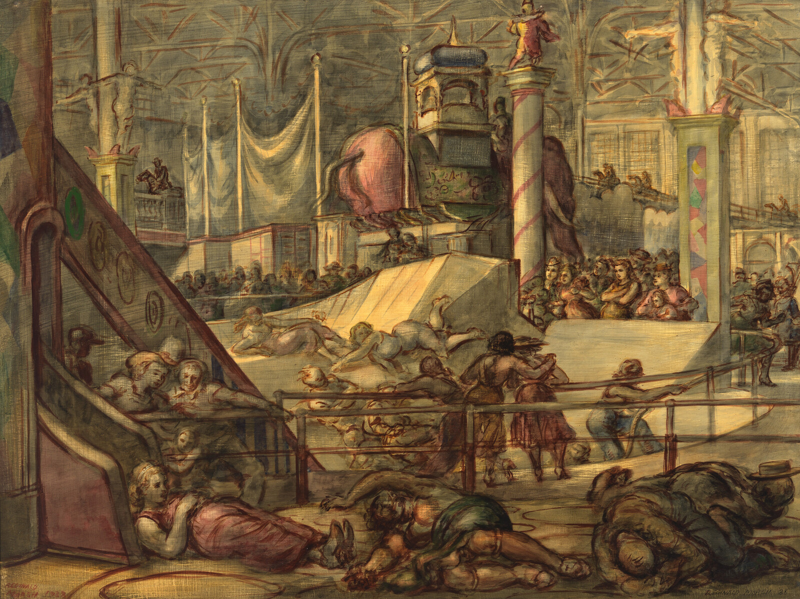 People tumble and lie injured near a large slide while a crowd watches in a crowded fair.