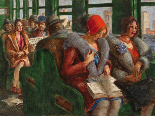 Two stylish women in fur coats sit on a train, one reading while the other looks ahead.