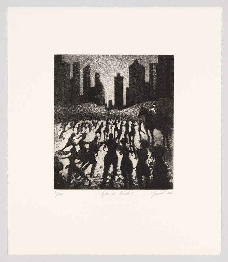 Black and white etching depicting a crowd of people in silhouette walking towards a city skyline with tall buildings, suggesting an urban scene. The artwork is numbered and signed by the artist in the lower margin.