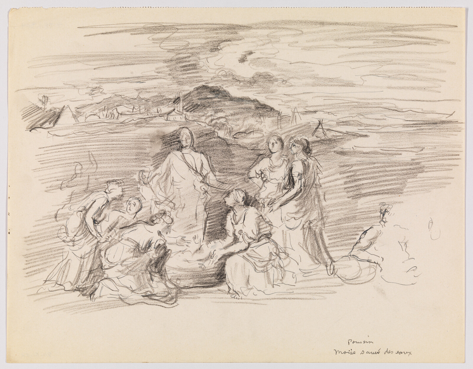 Several women gather on a shoreline around a rescued infant in a basket while a man stands nearby.