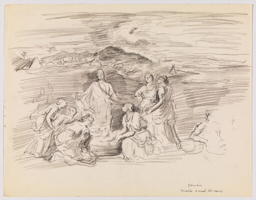 Several women gather on a shoreline around a rescued infant in a basket while a man stands nearby.