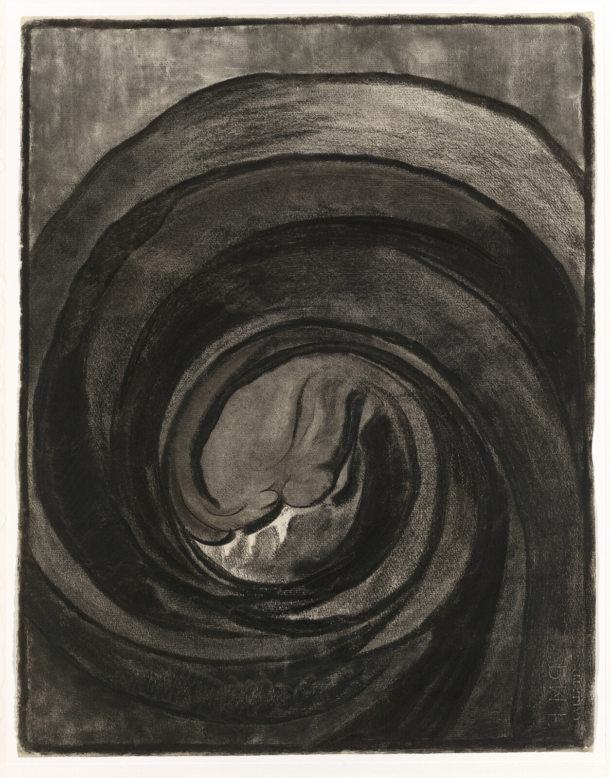 A curled, abstract shape resembling a spiral or vortex, with dark and light shading creating a sense of depth.