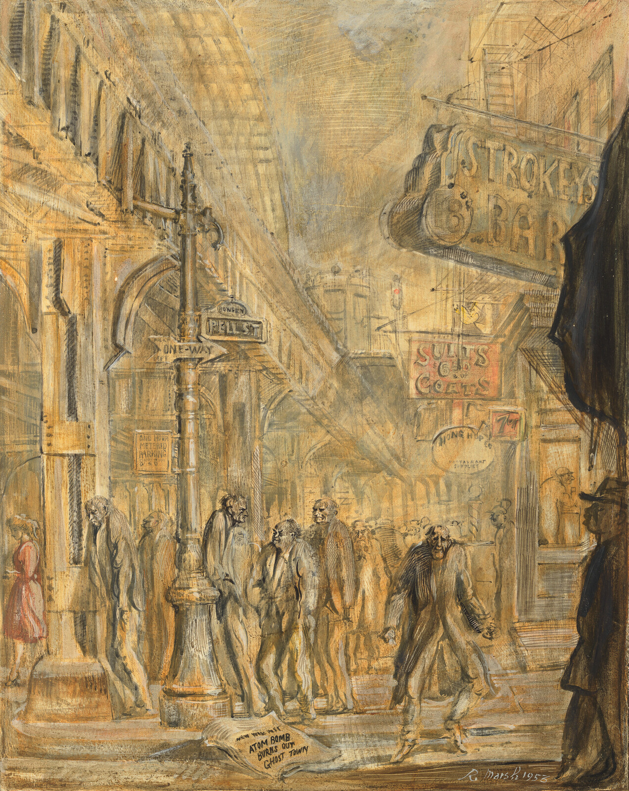 Weary figures shuffle through a smoky city street past shops and a newspaper headlined "Atom Bomb Burns Out".