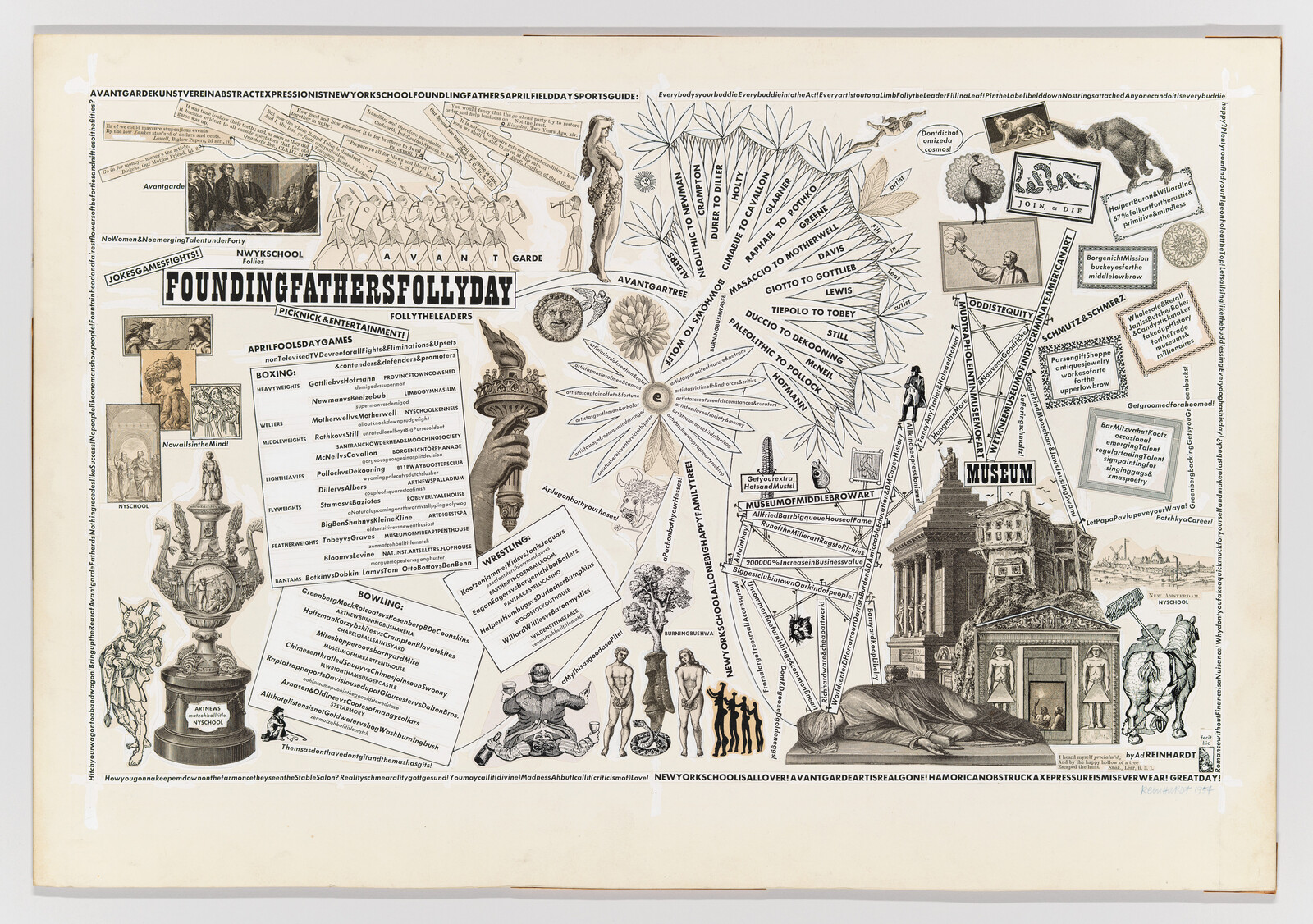 Collage of vintage drawings, statues, and text boxes with “FOUNDINGFATHERSFOLLYDAY” in bold letters at the center.