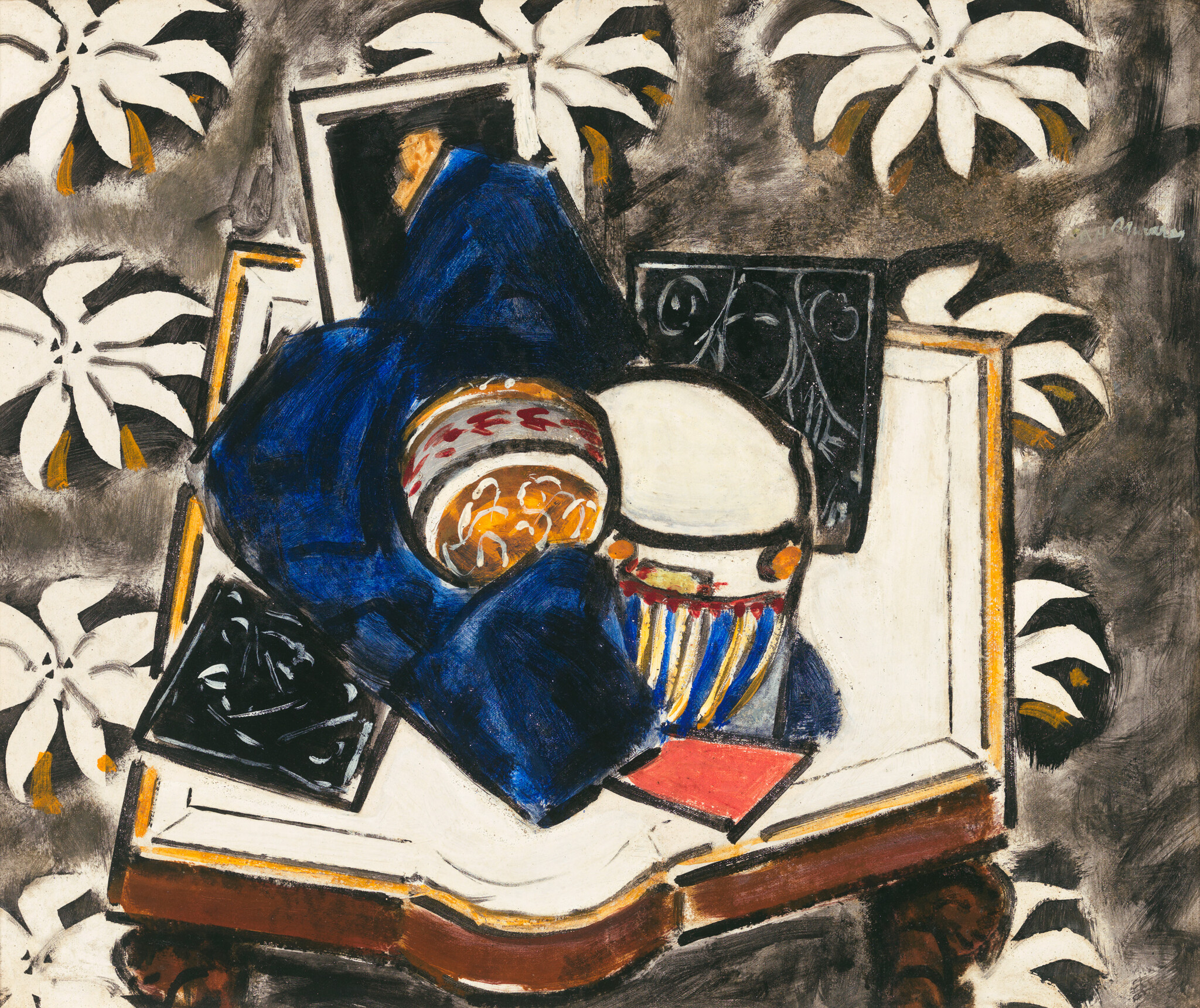 A still life shows a blue cloth draped over ceramic bowls and plates on a patterned surface.