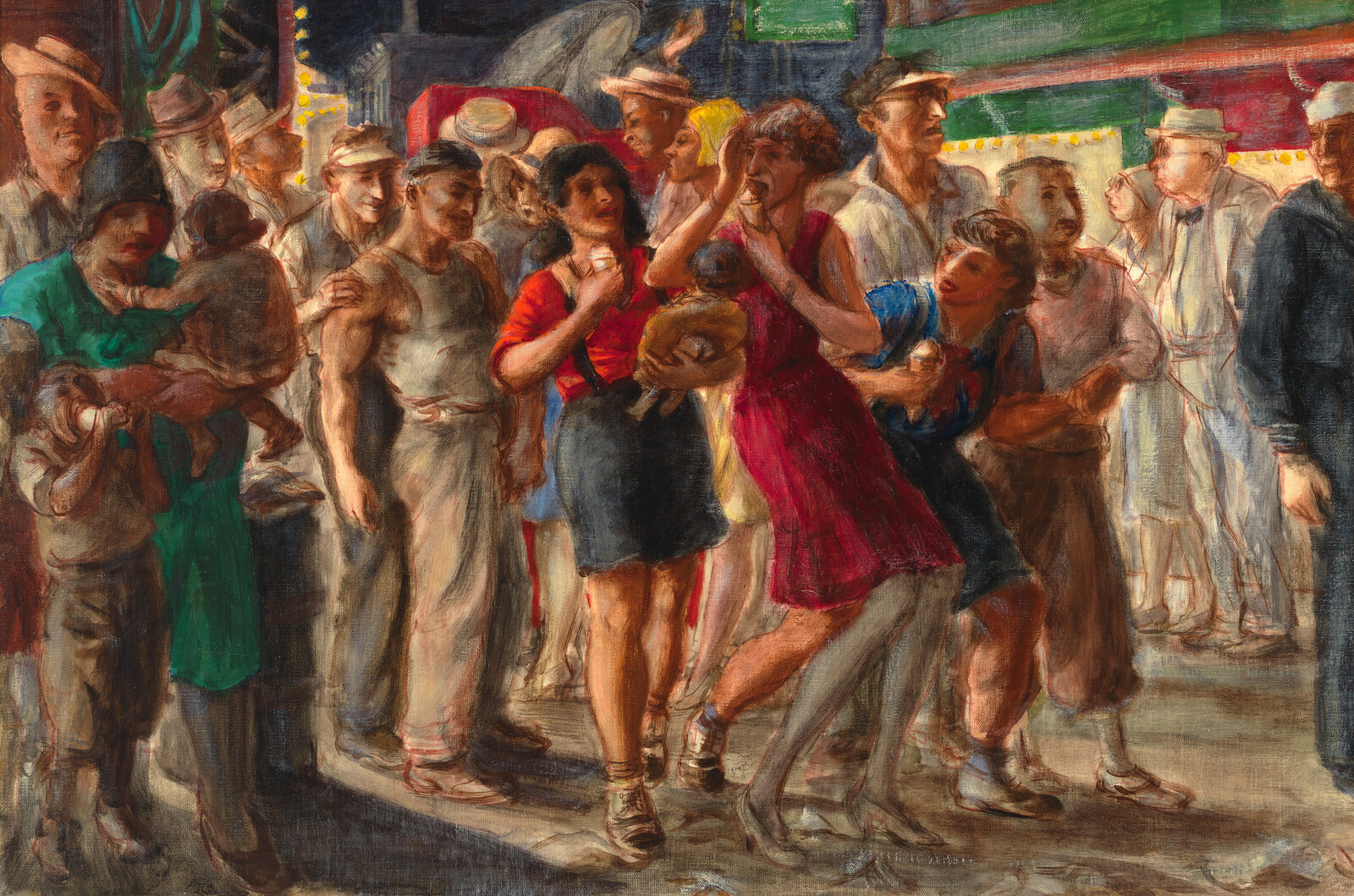 Crowded street scene of men and women jostling while two women hold babies and argue.