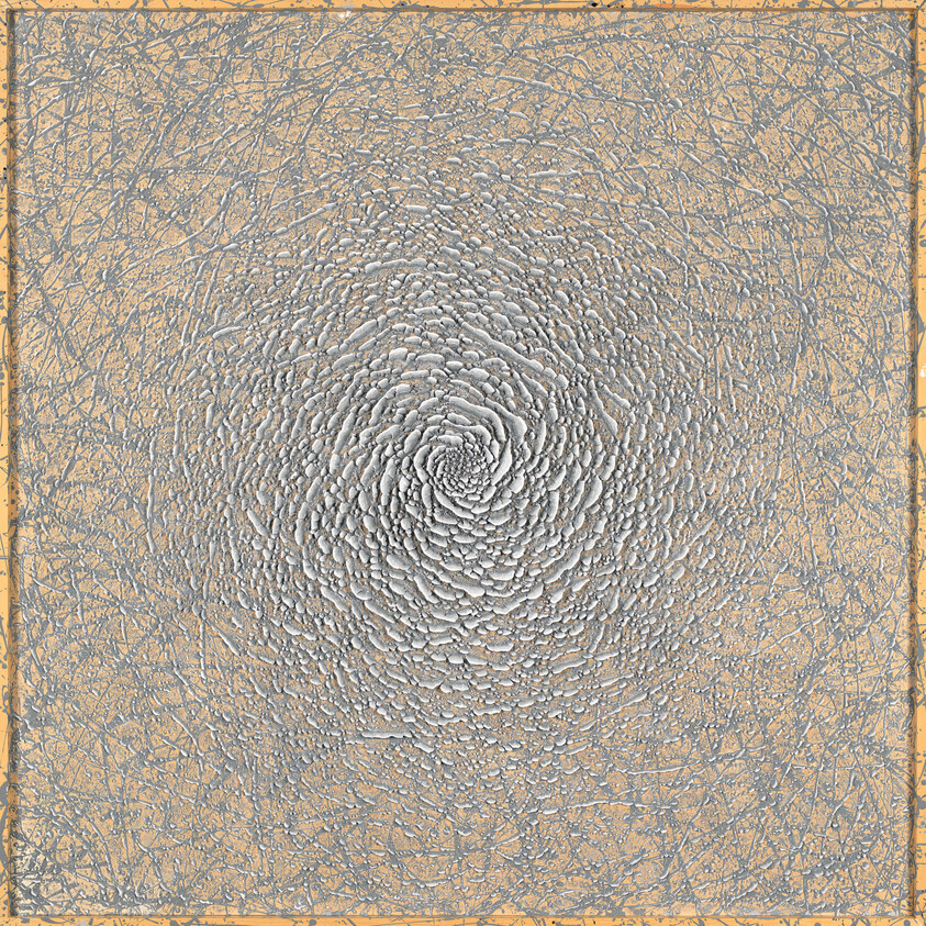 A raised spiral of pebble-like textures radiates from the center on a tan, scratched background.