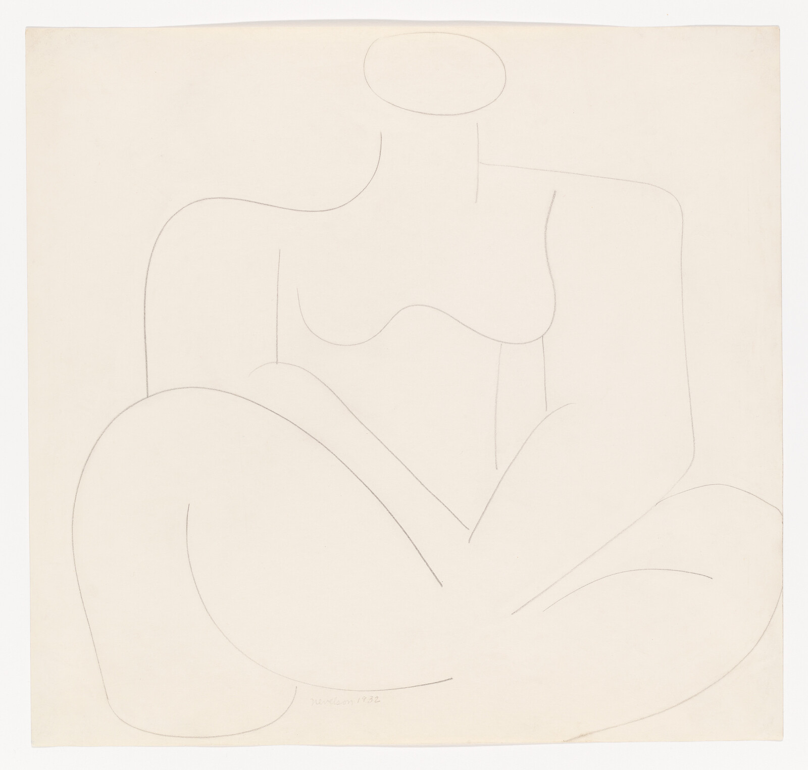 A simple continuous pencil outline shows a seated abstract nude figure with crossed legs.