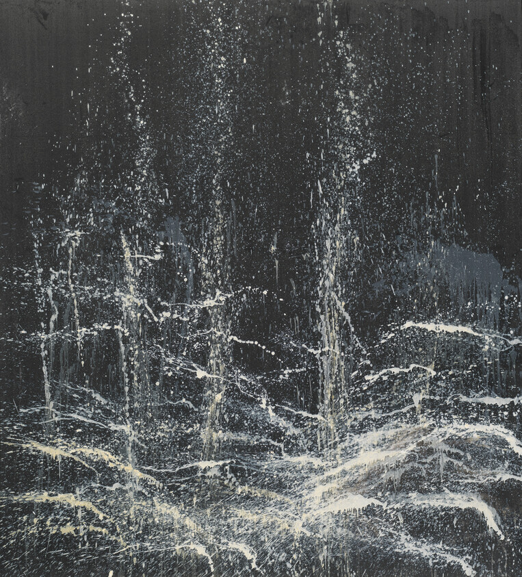 Dark canvas with white paint splashes and drips resembling cascading water and spray.