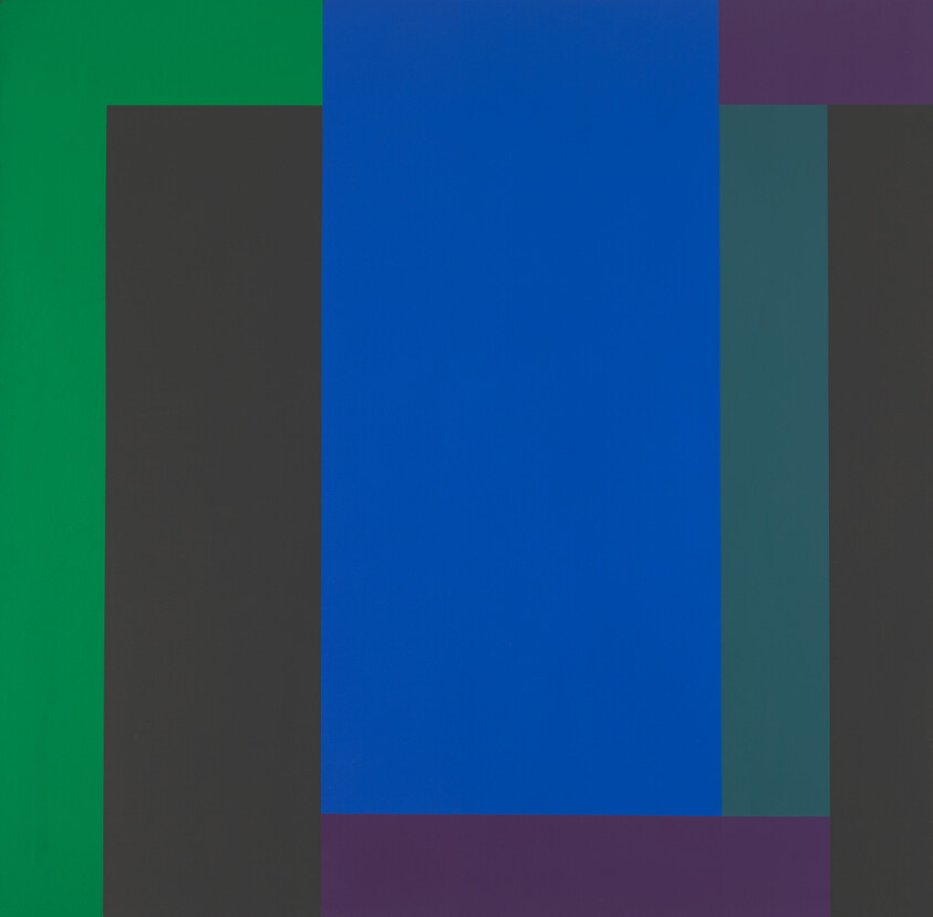 Large bright blue vertical rectangle framed by dark gray, green, teal, and purple bars.