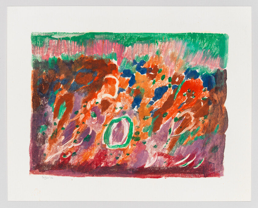 Abstract colorful painting with swirling orange, green, and purple shapes and a central green-ringed oval.