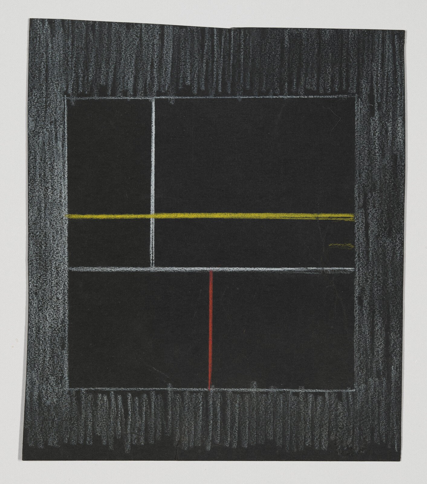 Black rectangular composition with thin yellow, white, and red lines framed by a gray textured border.