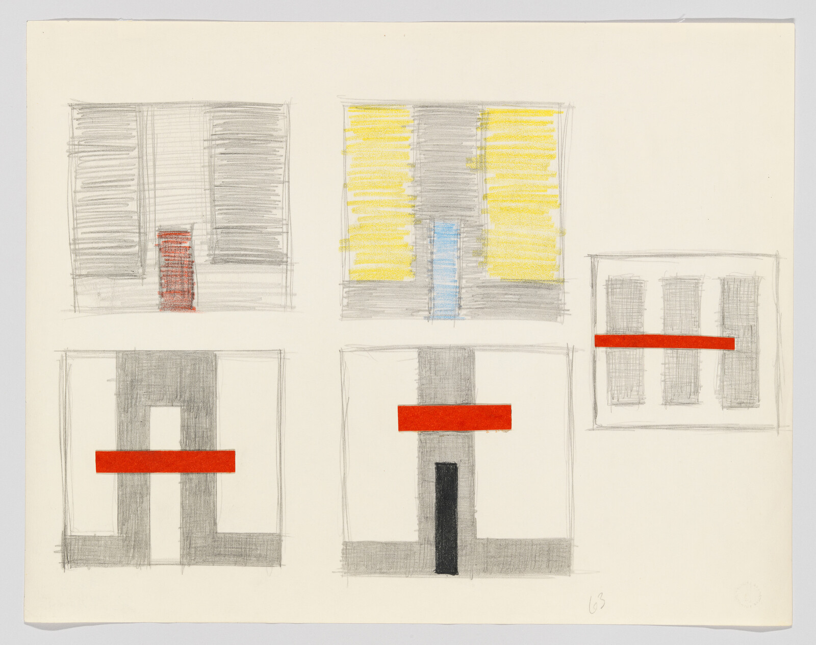 Five simple rectangular architectural sketches with colored vertical and horizontal bars, mostly red, yellow, and blue.