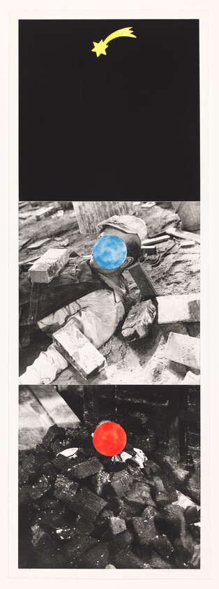 Three-panel composition showing a yellow shooting star above a trapped worker among rubble with blue and red circles.