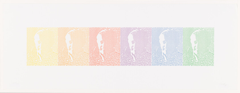 Seven faded pastel panels show the same stylized portrait repeated across a white background.