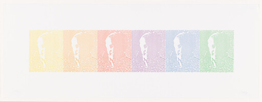 Seven faded pastel panels show the same stylized portrait repeated across a white background.