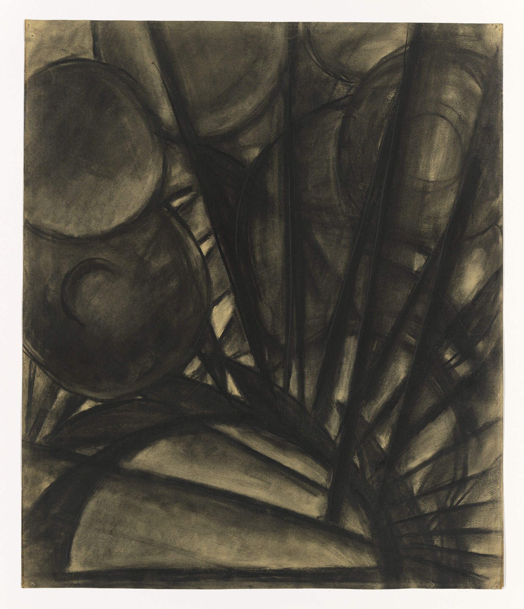 Abstract charcoal drawing with overlapping circular and linear shapes, creating a dynamic, layered composition.