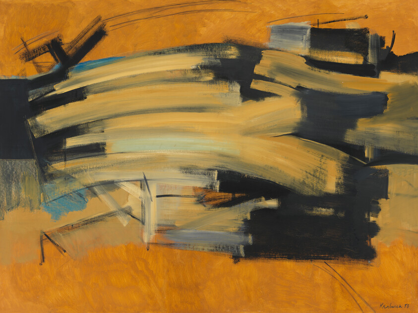 Broad sweeping beige and black brushstrokes cross an orange background in an abstract composition.