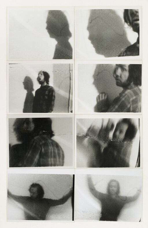 Man making expressive gestures while his large shadow appears across multiple black-and-white photobooth frames.