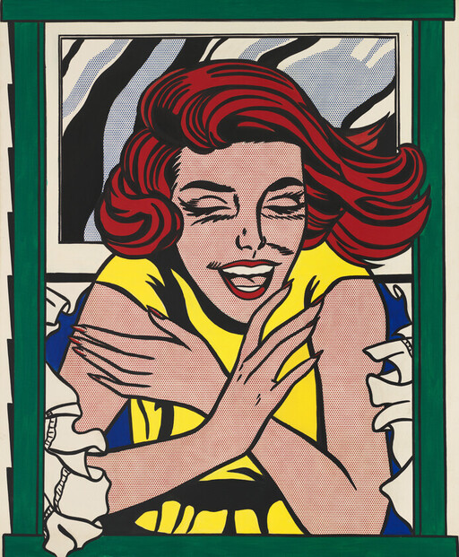 A smiling, red-headed woman leans out a green-paned window