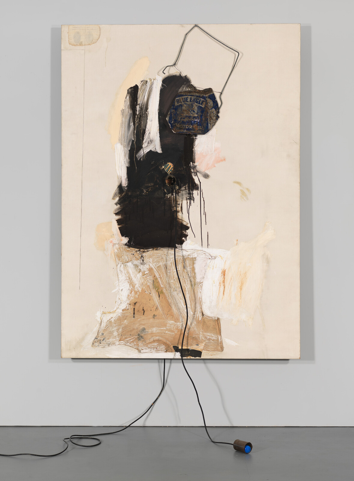 Abstract mixed-media painting with dark vertical central shape and electrical cords leading to a blue-lit cylinder on the floor.