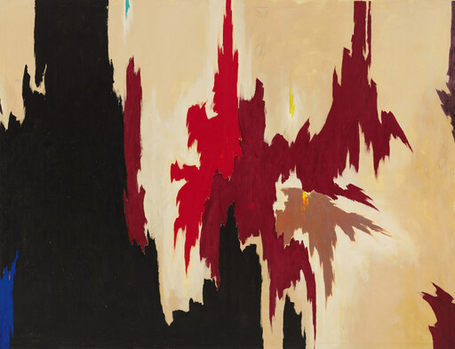 Large abstract painting with jagged black and red shapes against a pale beige background.