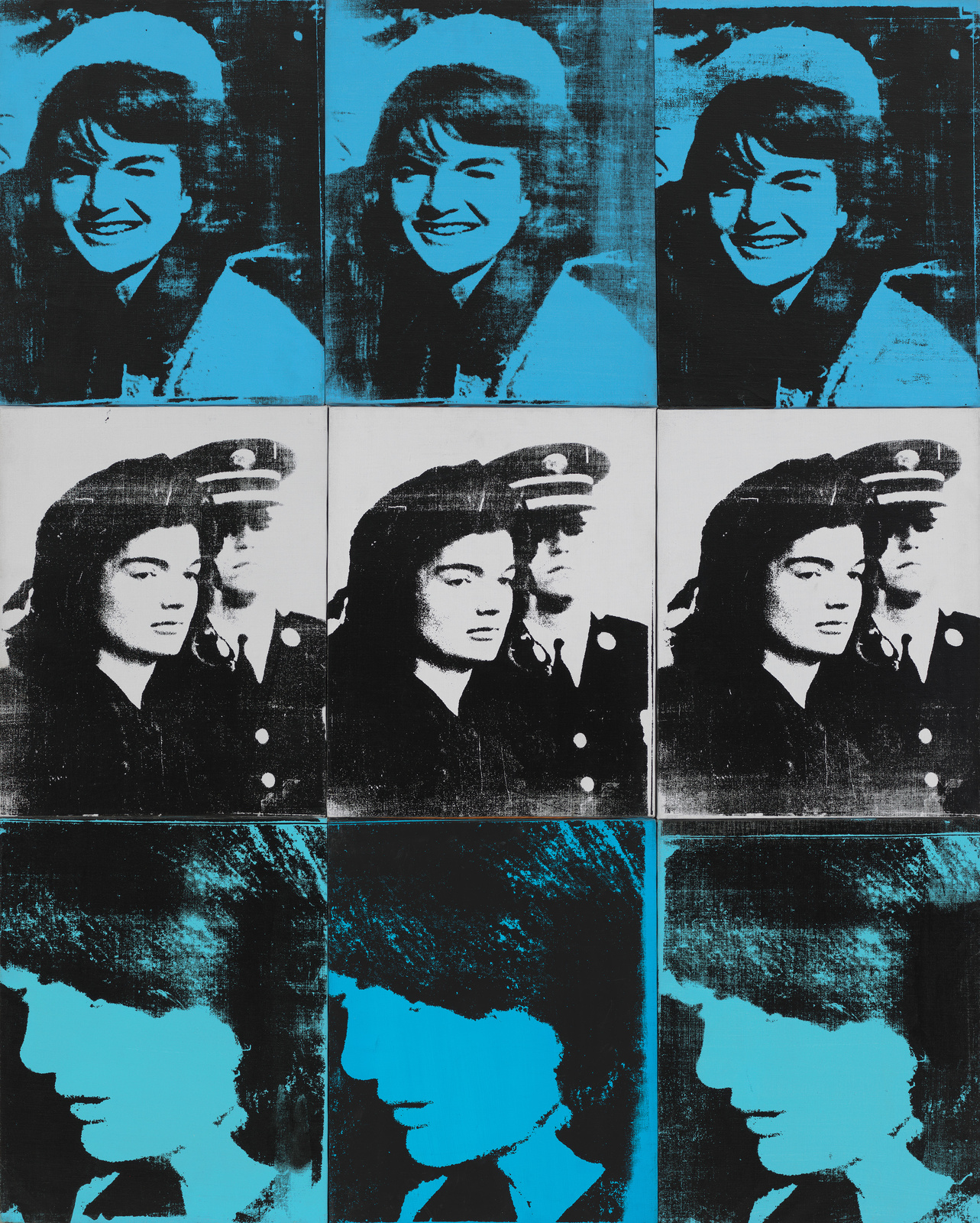3 rows of 3 canvases, alternating blue and white, with three photos of Jackie Kennedy printed on them.