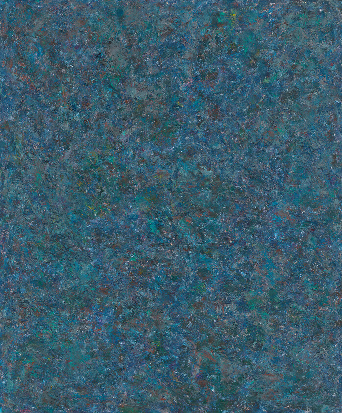 Dense blue and green textured abstract painting with layered brushstrokes and subtle flecks of color.