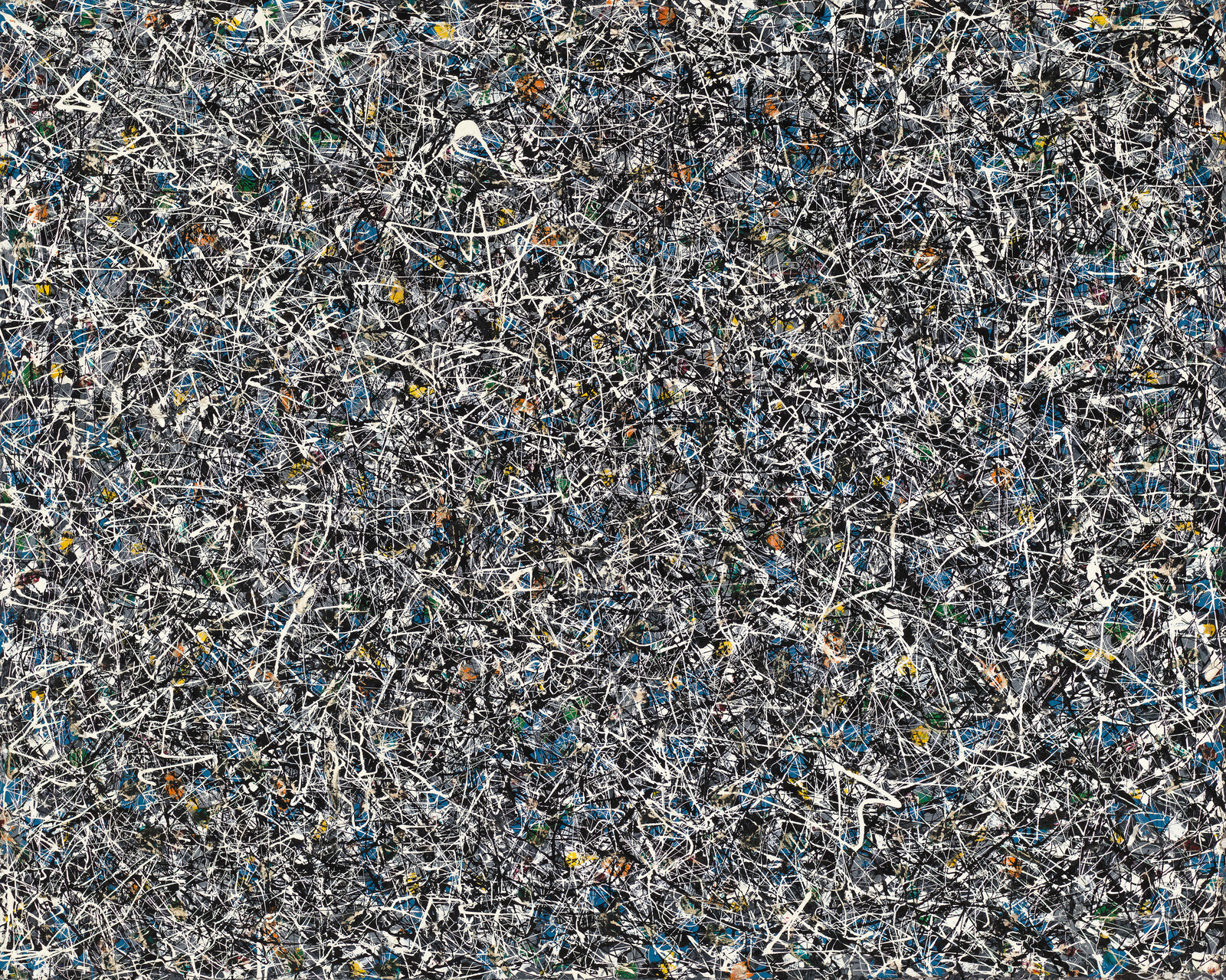 Dense black and white paint drips and splatters with blue and yellow accents across the canvas.