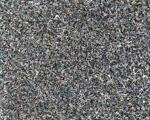 Dense black and white paint drips and splatters with blue and yellow accents across the canvas.