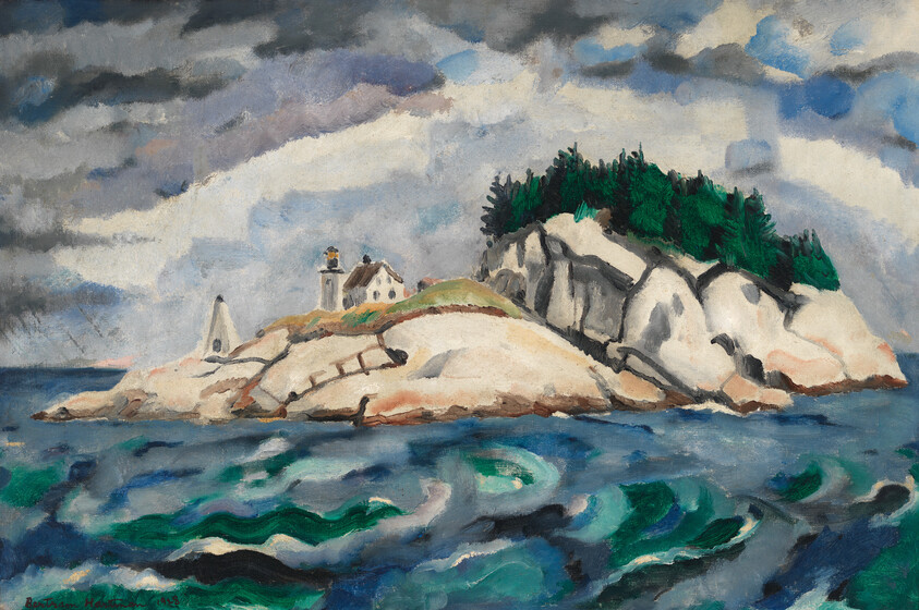 A painting depicting a rocky coastline with a lighthouse and a small building, possibly a keeper's house, under a dramatic sky with heavy clouds. The sea in the foreground is rendered in shades of dark blue and green, suggesting movement in the water. The artist's signature and the year 1929 are visible in the lower left corner.