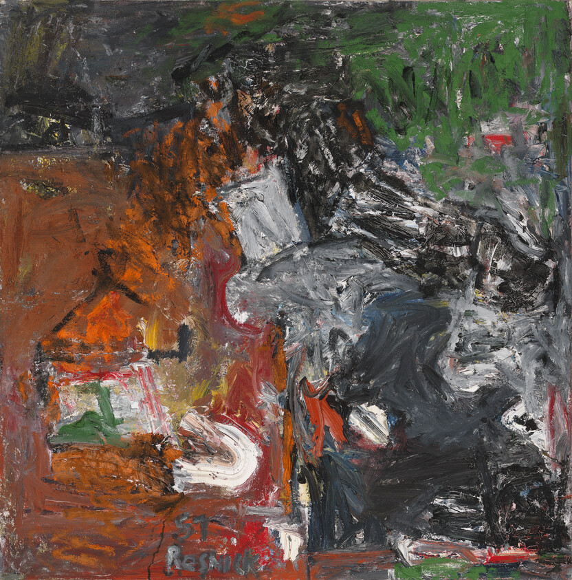 Thick, textured abstract painting with bold brown, black, green, and white brushstrokes.