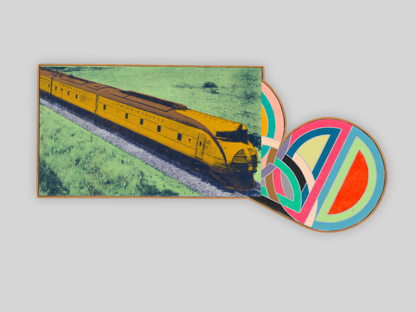 A stylized yellow streamlined train in a rectangular panel connects to bright circular geometric shapes.
