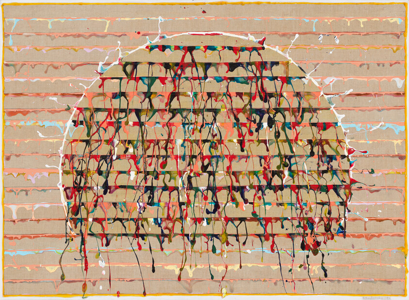 Abstract semicircular grid with colorful paint drips over a striped beige background.