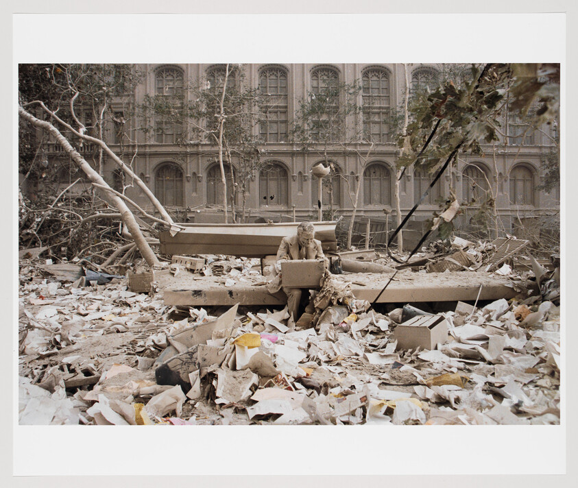 A person sits at a desk amidst debris and fallen trees, with a damaged building in the background.