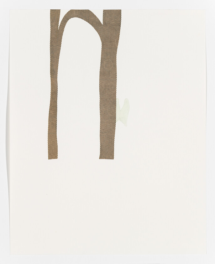 Two tall brown textured strips form an arch on a mostly white background with a small pale green shape.