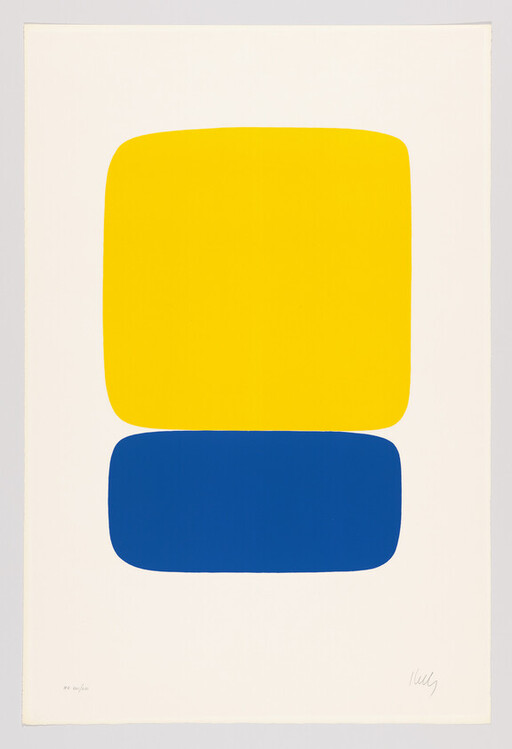 Stacked yellow and blue rounded rectangles centered on a white background, minimalist composition.