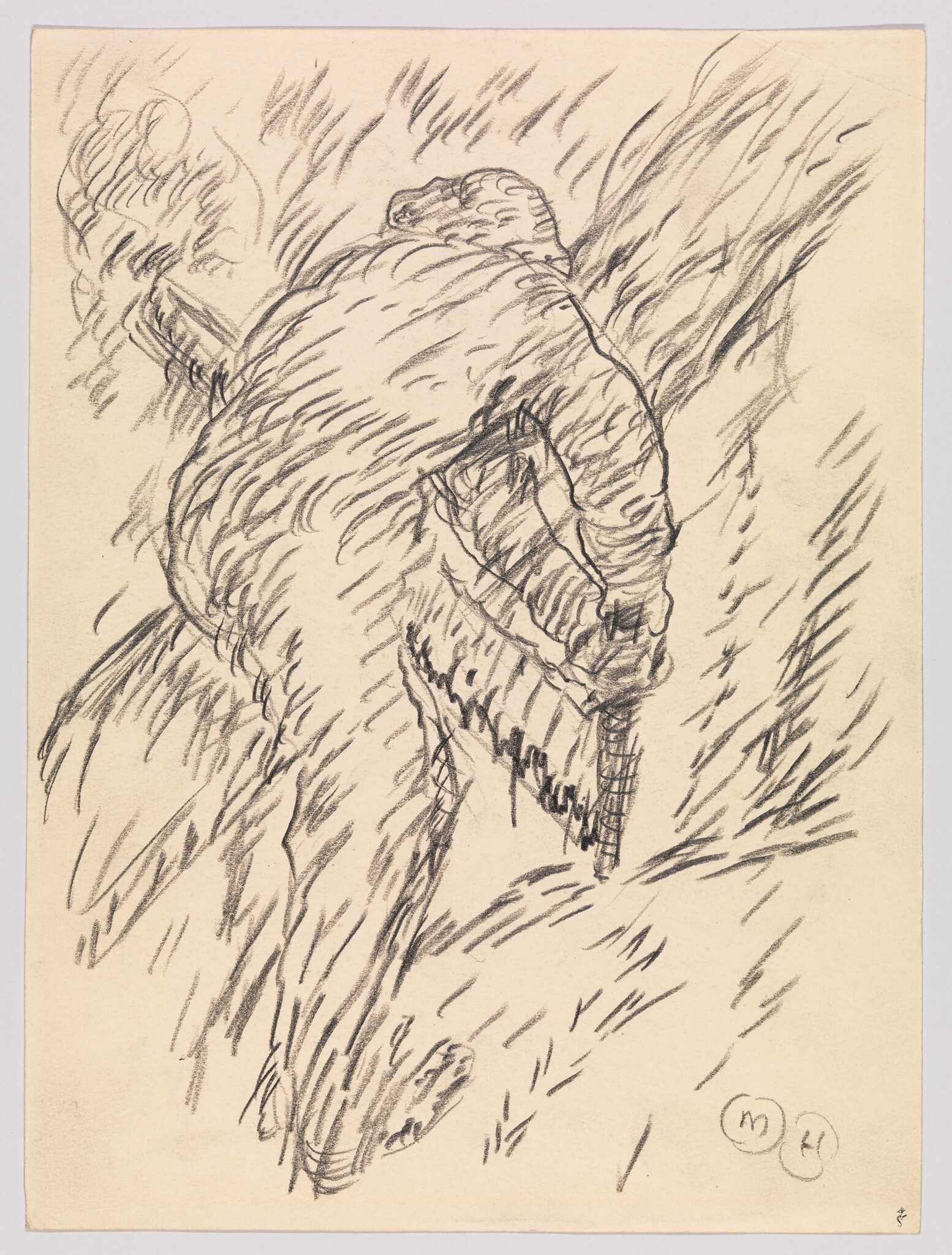 A person leaning forward on a steep hillside gripping a walking stick.