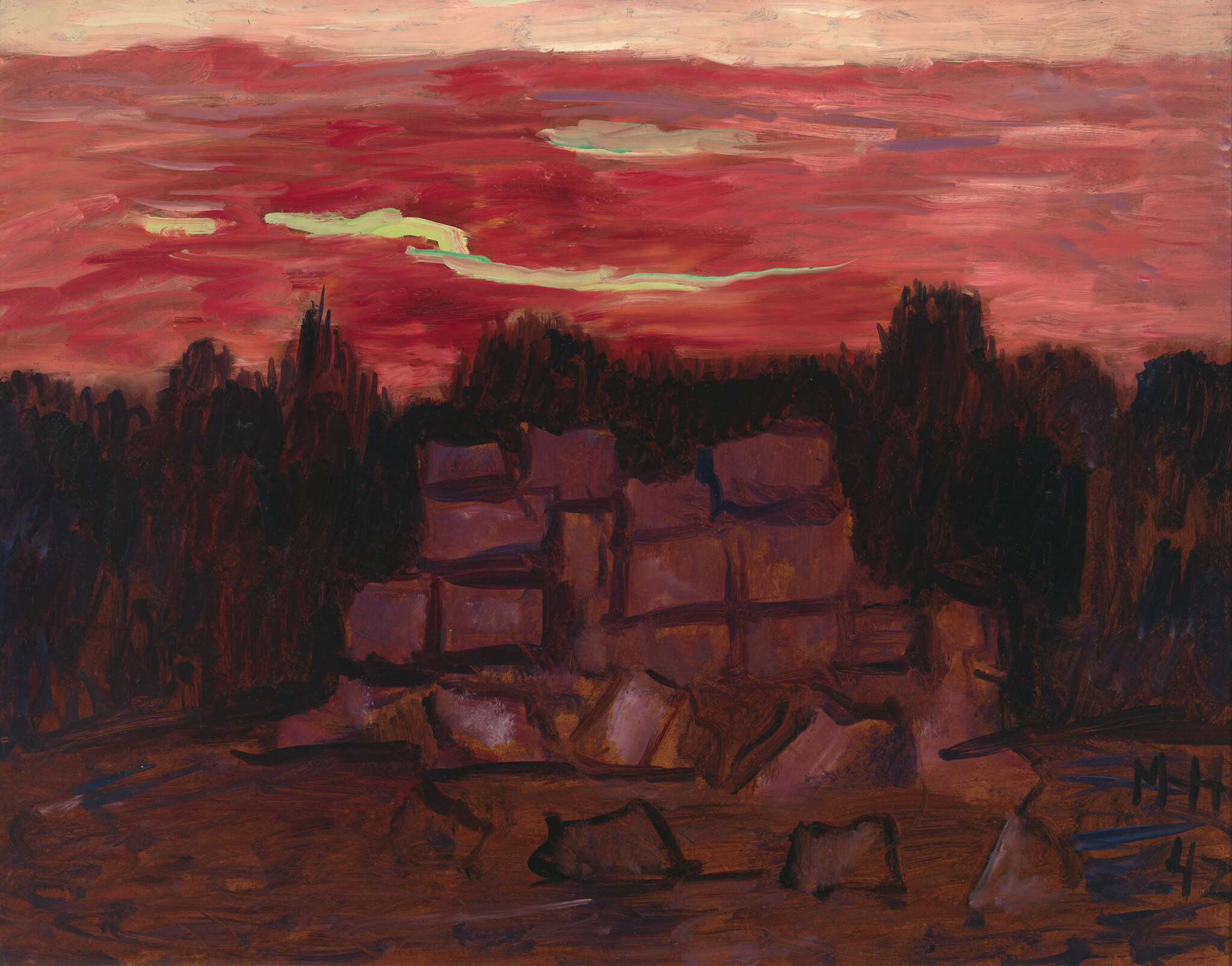 A painting depicting a vivid red and pink sky with swirling clouds over a dark landscape with silhouetted trees and abstract shapes that suggest buildings or ruins. The foreground features indistinct forms that could be interpreted as rocks or debris, with a dark, earthy palette dominating the lower half of the scene.