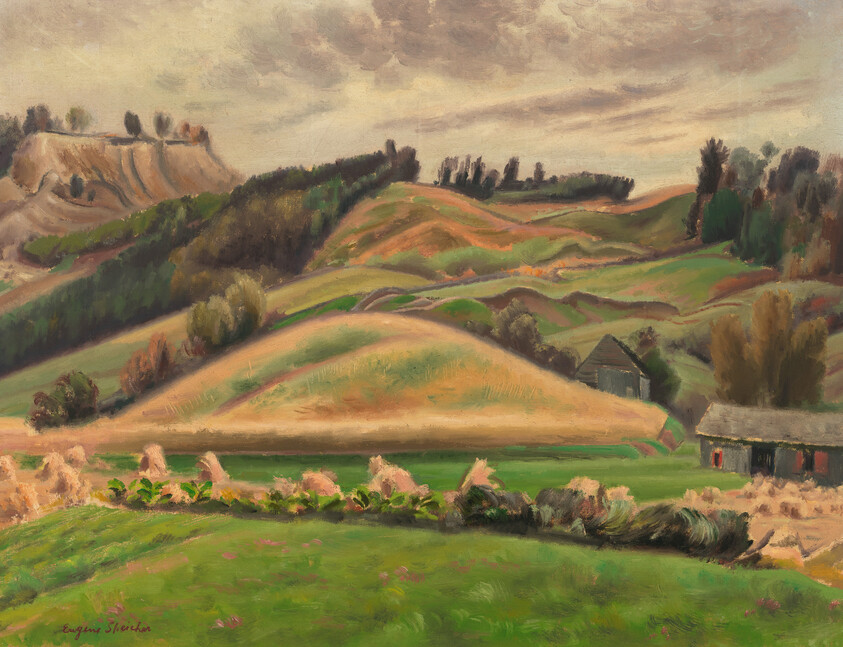 Rolling green and golden hills with scattered trees, haystacks, and two small farm buildings under clouds.