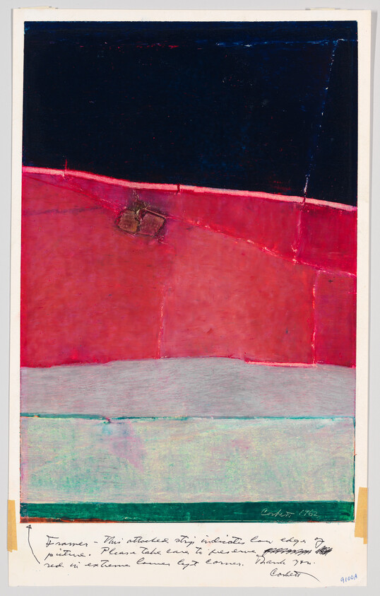 Abstract painting of stacked horizontal color bands with dark top, red middle, and handwritten notes below.