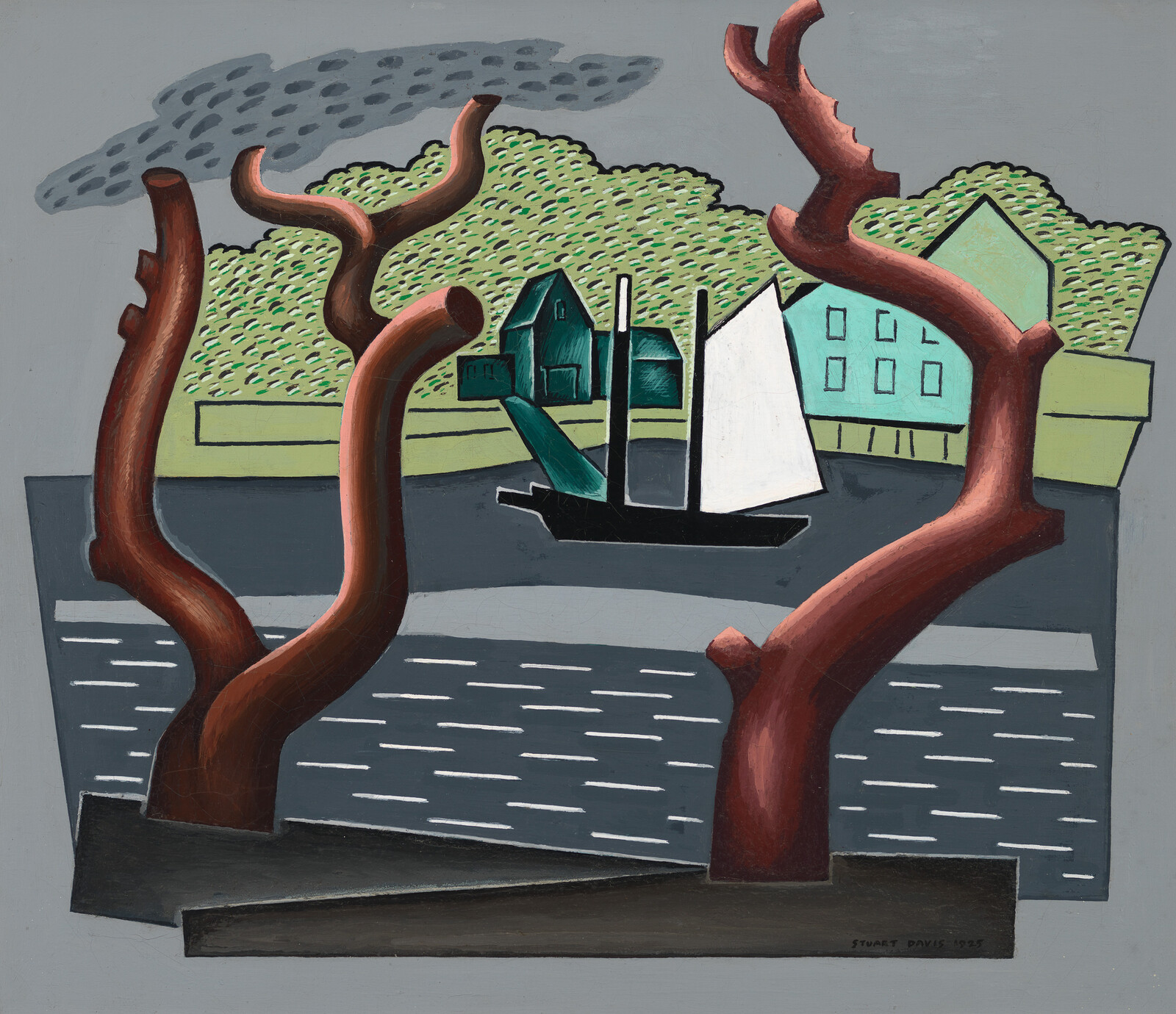 Abstract painting of a sailboat on water, surrounded by trees and buildings, with a cloudy sky.